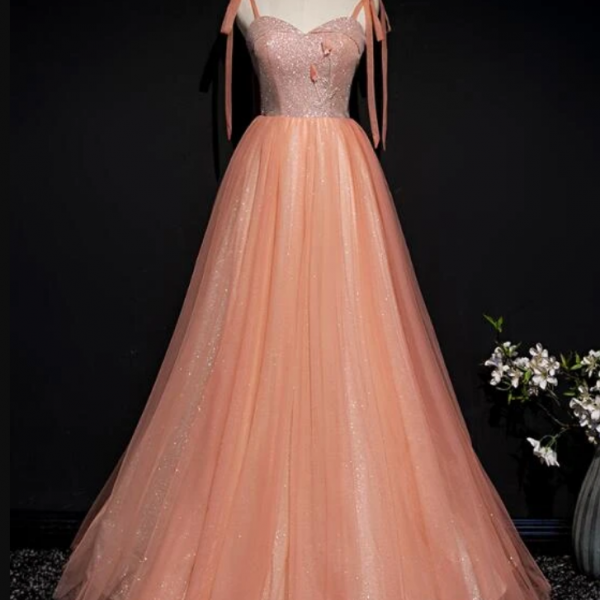 Lovely Tulle Sparkle Straps Long Formal Gown, Pink Prom Dress