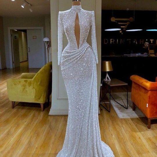 Long Sleeves Pageant Dress with Sheer Front Evening Gown m1085