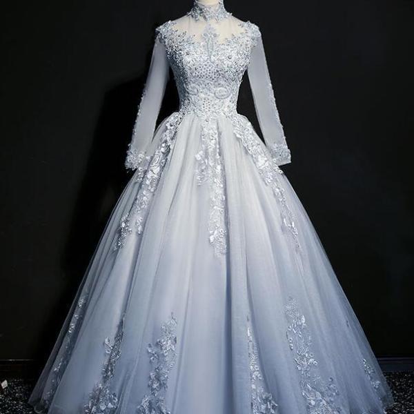 Blue and Grey Tulle Long Sweetheart Party Dress, Tulle A-line Evening Dress