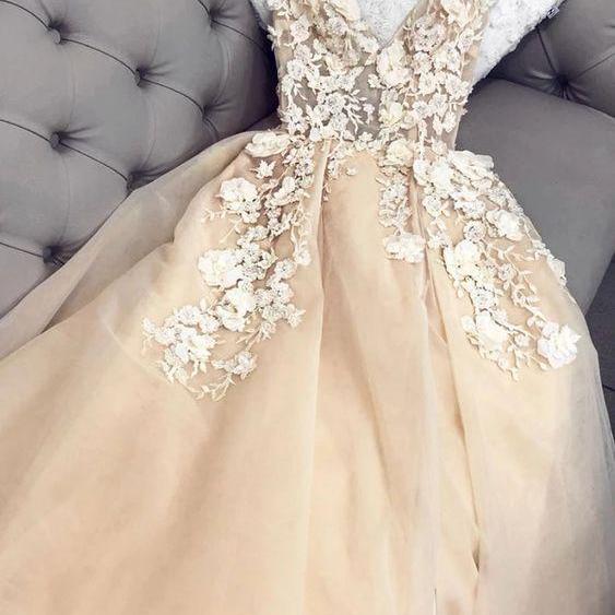 A Line V Neck Floor Length Champagne Prom Dress with Appliques LBQ1688