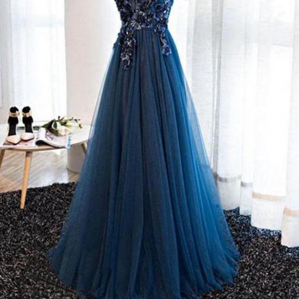 7000105 Navy Blue Bardot Tulle Evening Dress