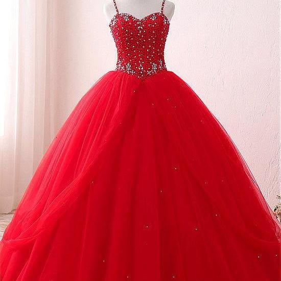 Magbridal Alluring Tulle & Satin Spaghetti Straps Neckline Floor-length Ball Gown Quinceanera Dresses With Beadings m1766