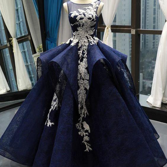 Navy Blue Ball Gown Lace White Lace Appliques Backless Prom Dress m1767
