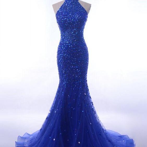 Luxury Sequin Crystals Evening Party Dress Long Royal Blue Mermaid Prom Dresses Halter For Formal Gowns m1869