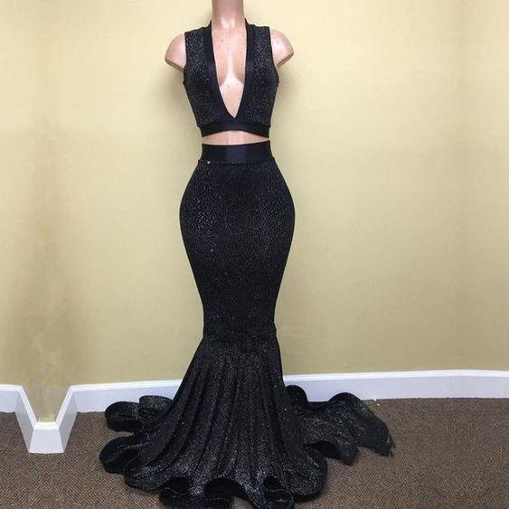 Simple V Neck Two Pieces Black Prom Dresses, 2 Pieces Black Long Formal Dresses, Black Evening Dresses EP1445