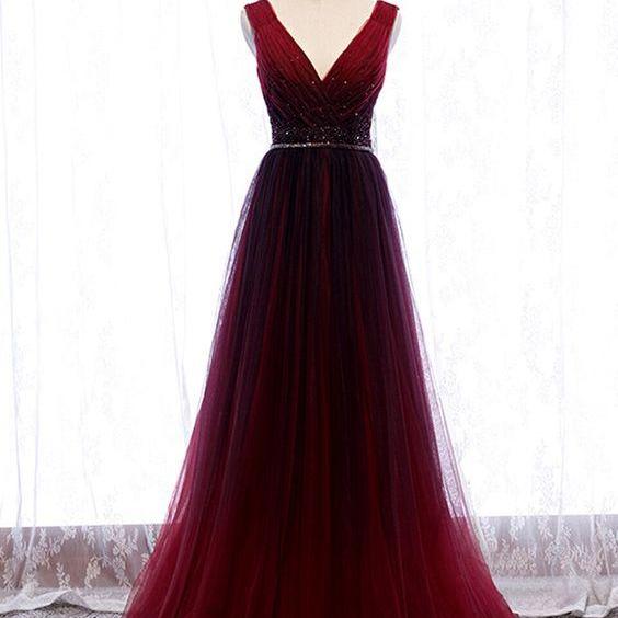 A Line V Neck Burgundy Satin Tulle Prom Dress with Slit LBQ2866