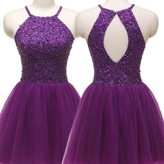 A-Line Low V Neck Halter Sleeveless Pleated Appliques Blue Tulle Prom Dress