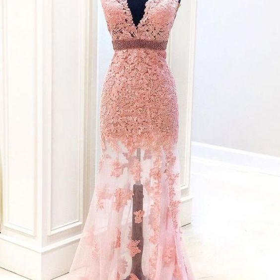 Mermaid lace long pink prom dress formal gown m2220
