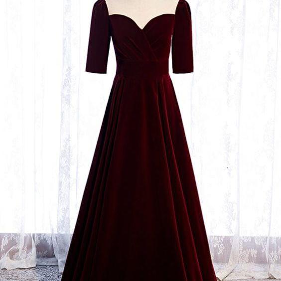 Burgundy Velvet Short Sleeve Scoop Prom Dress m2234