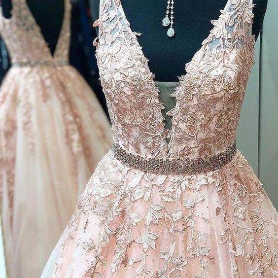 V Neck Sleeveless Lace Pink Prom Dresses With Beadings Tiered LBQ0730