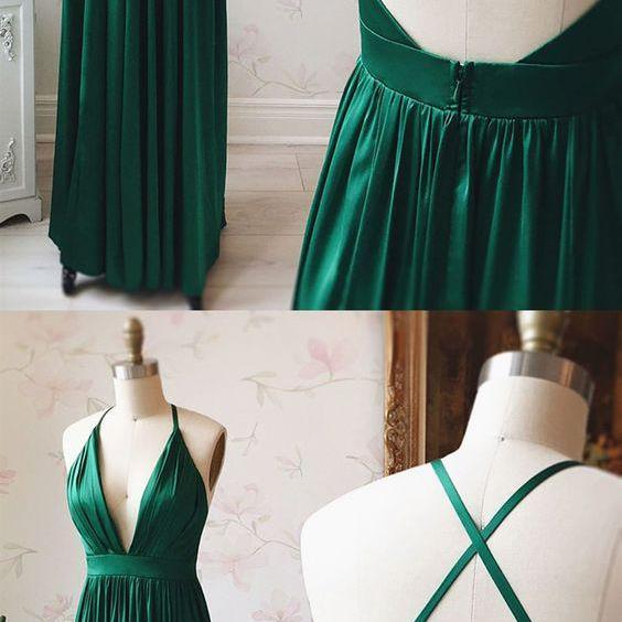 A Line V Neck Emerald Green Backless Prom Dresses,emerald Green