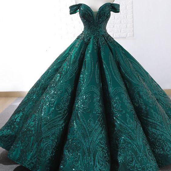 Sparkly Sequins Ball Gown Dark Green V-neck Prom Dress OP724 main image 0