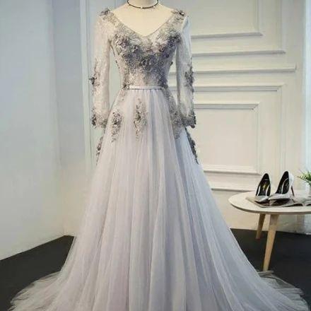 Beautiful Light Grey Tulle V-Neckline Long Prom Dress, Floral Grey ...