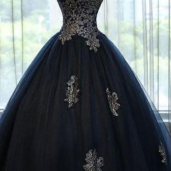 Navy Blue Tulle Appliques Evening Dress,Off The Shoulder A Line Prom Dress Birthday Ball Gown cc2827 main image 1