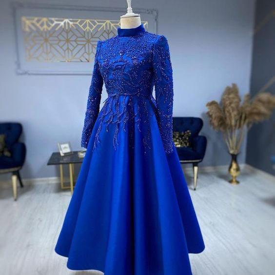 Modest Blue Prom Dresses Lace Emroidery Evening Dress M2636 on Luulla