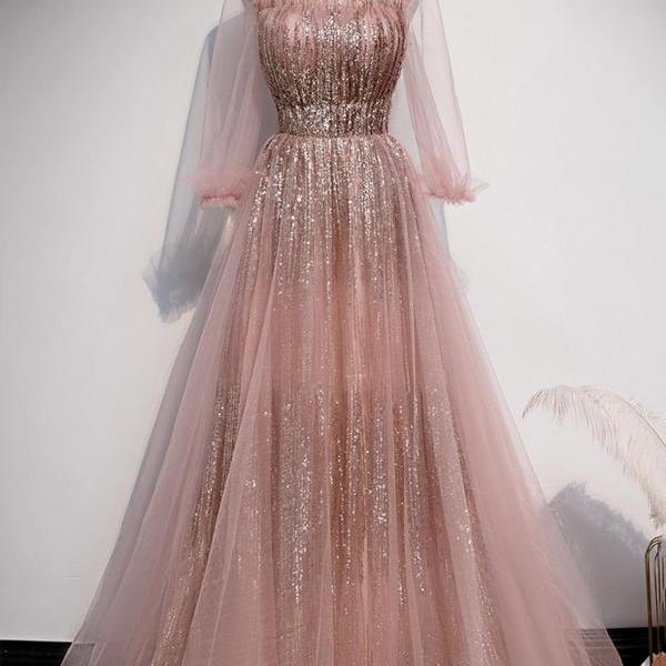 Niulatu Pink A-line off-shoulder tulle sequins beaded long prom dress, pink evening dress HZ1108
