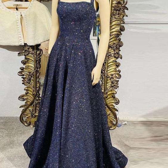 Dark blue sequin long prom dress , blue evening dress m2721