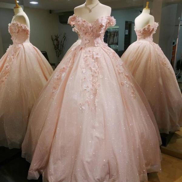 Light pink off-shoulder fitted waist long ball gown/bridal dress R8567