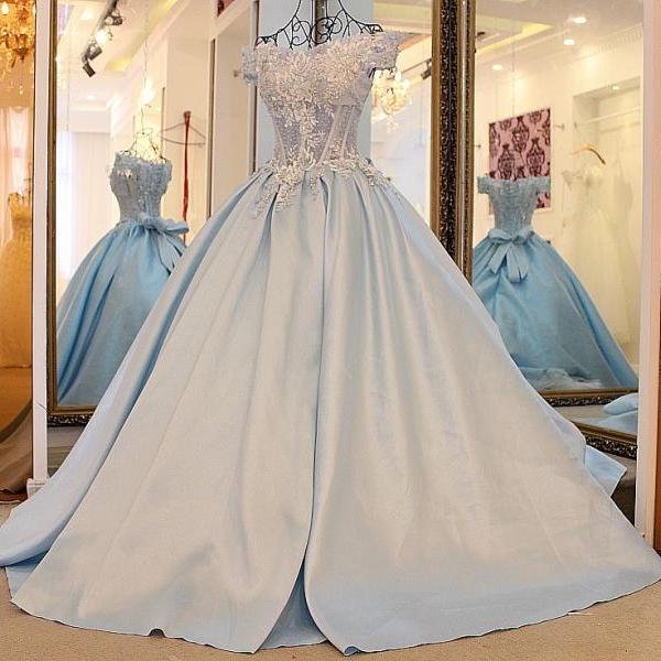 Baby Blue Ball Gown Tulle Prom Dresses Off The Shoulder Handmade ...