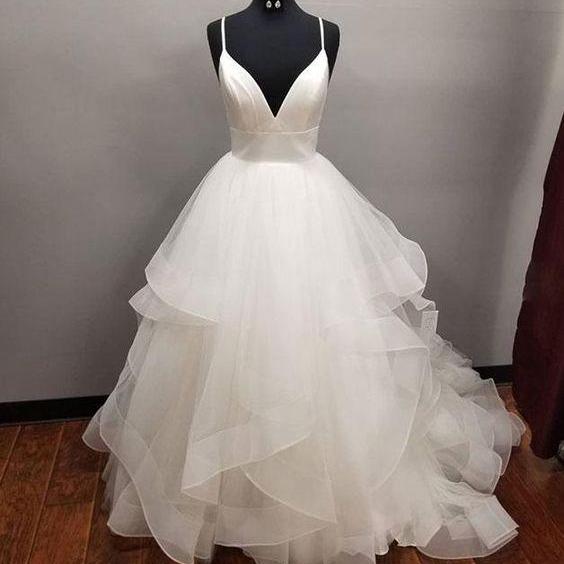 White v neck tulle long prom dress, retract your waist formal dress main image 0