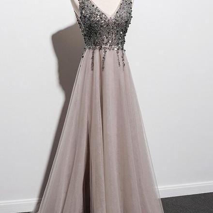 A-line Applique Sweetheart Neck Tulle Slit Dress Clover