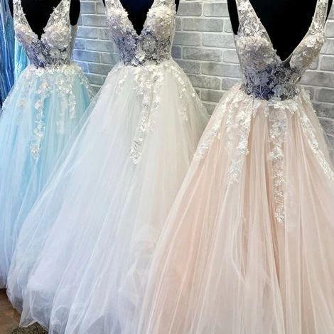 A Line Blue Gray Tulle V Neck Lace Applique Prom Dress LBQ3552 main image 1
