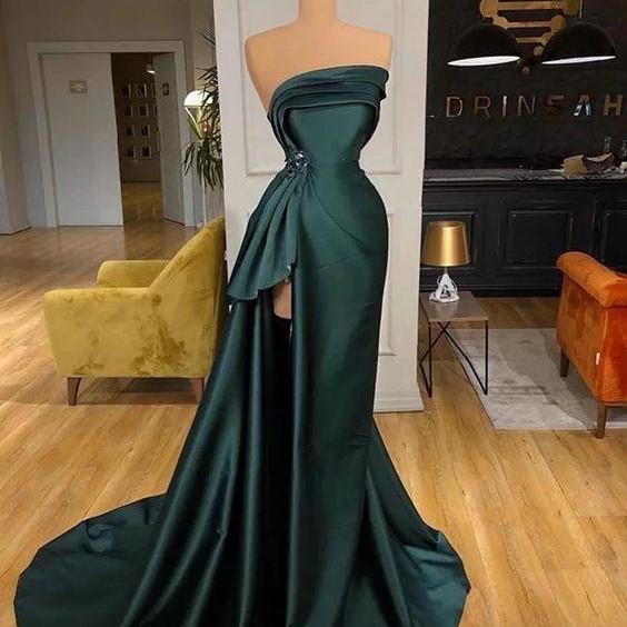 Charming Dark Green Mermaid Strapless Satin Beaded Without Sleeves Long Prom Dress, Evening Dress