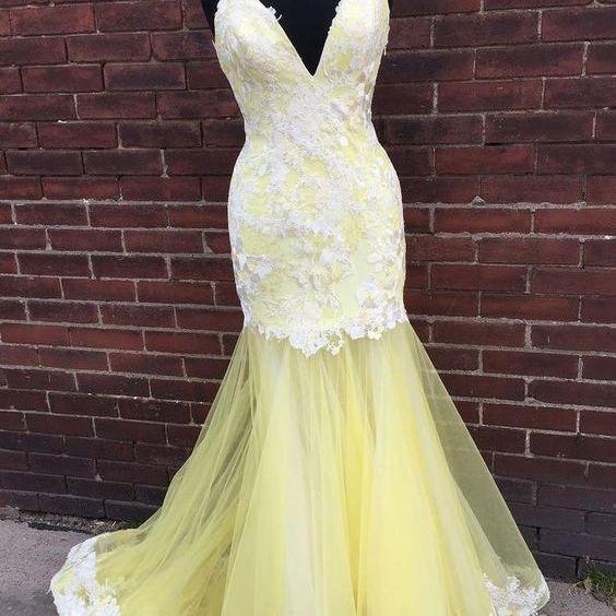 Yellow Mermaid Deep V Neck Prom Dresses Sexy  Evening Dresses With Appliques Y570 main image 0