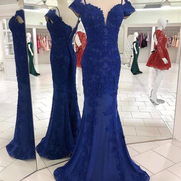 Royal Blue Lace Velvet Mermaid Long Forml Prom Gown Evening Dress DP3887