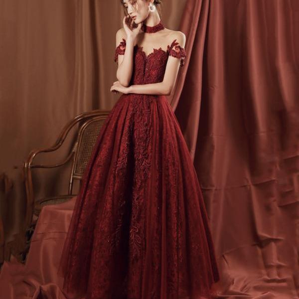 Burgundy A line tulle beads long prom dress burgundy formal dress main image 0