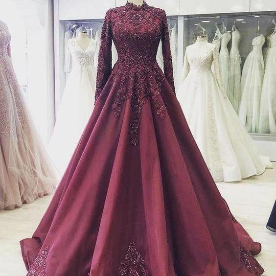 Burgundy Formal Prom Dress, Bridal Dress With Sleeve Evening Dresses on
