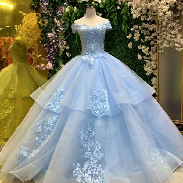 Light Blue Cinderella Princess Cut Off Shoulder Quinceanera Dress on Luulla