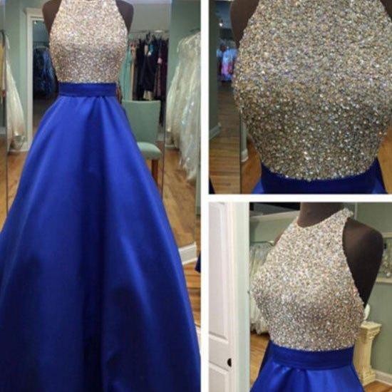 Prom Dresses,a-line Round Neck Sequin Backless Long Royal Blue Prom ...