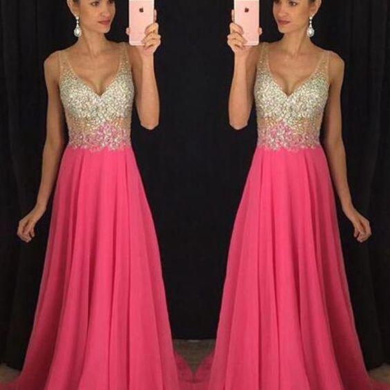 Prom Dresses,Sexy Prom Dress,V-neck Sweep Trian Rose Pink Prom Dress ...