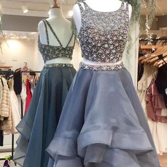 2017 Prom Dresses, Grey Prom Dress, Prom Dress With Beading, Open Back