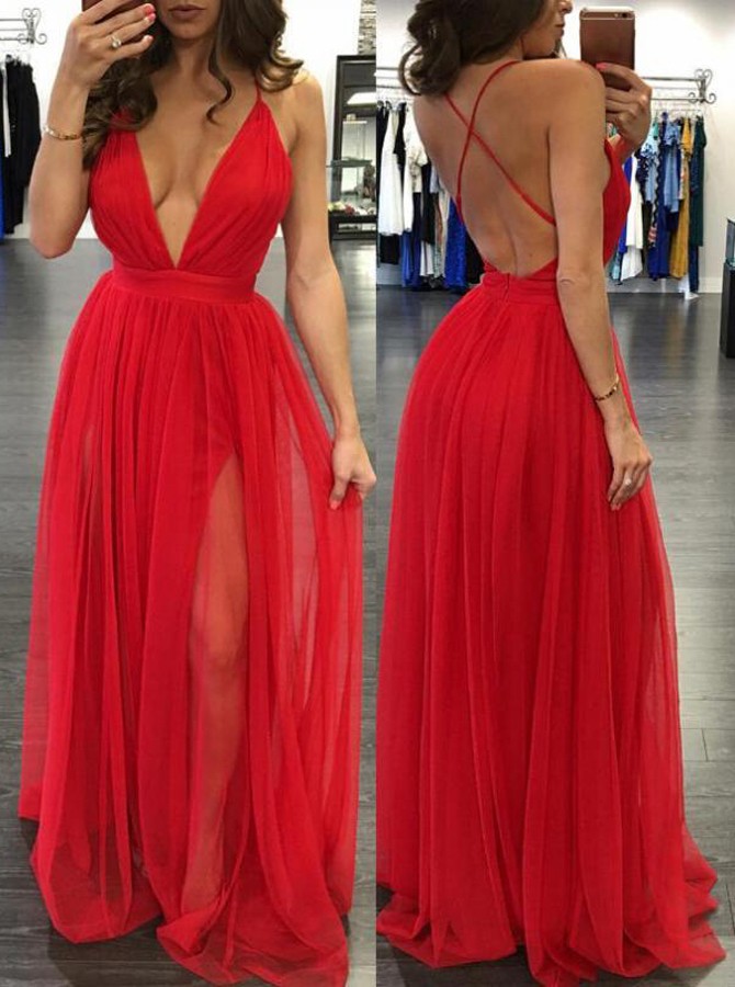 Sexy Deep V Neck Floor Length Backless Prom Dress Ruched On Luulla 1193