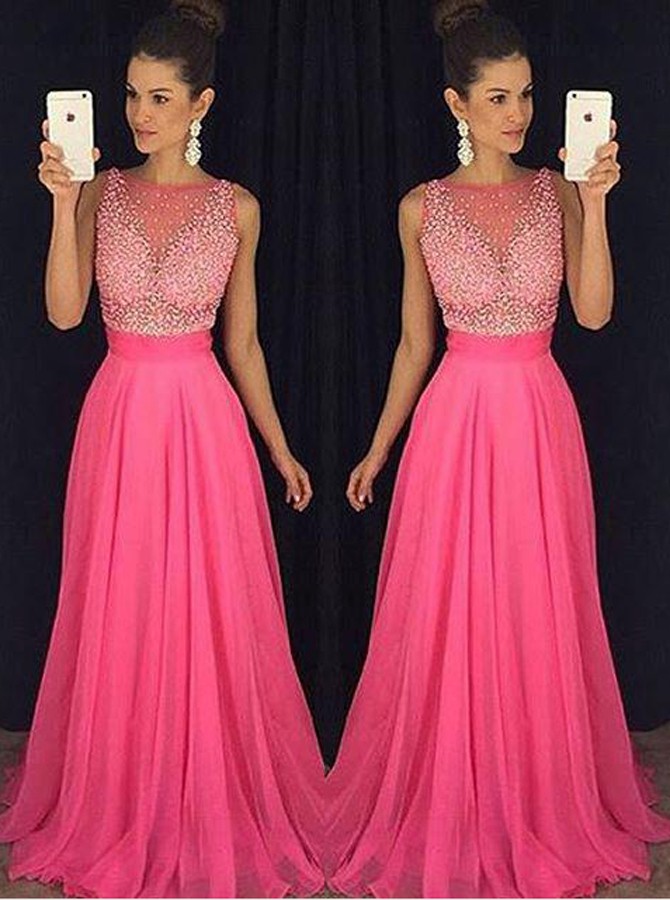 Chic Bateau Sleeveless Long Rose Pink Prom Dress With Beading Illusion ...