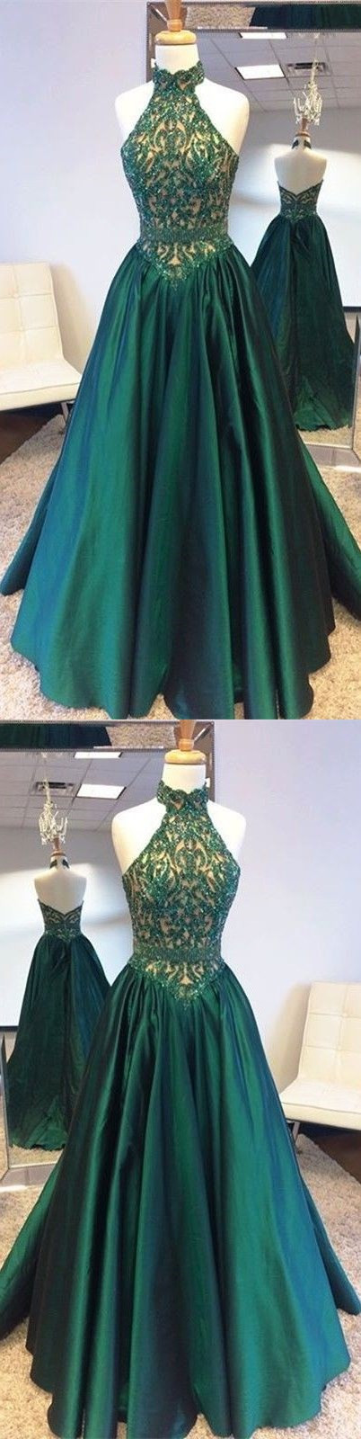 Elegant Halter Sweep Train Hunter Prom Dress With Lace Beading M000109 ...