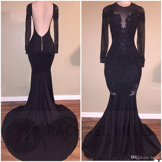 Open Back Black Glitter Lace Mermaid Prom Dress With Long Sleeves ...