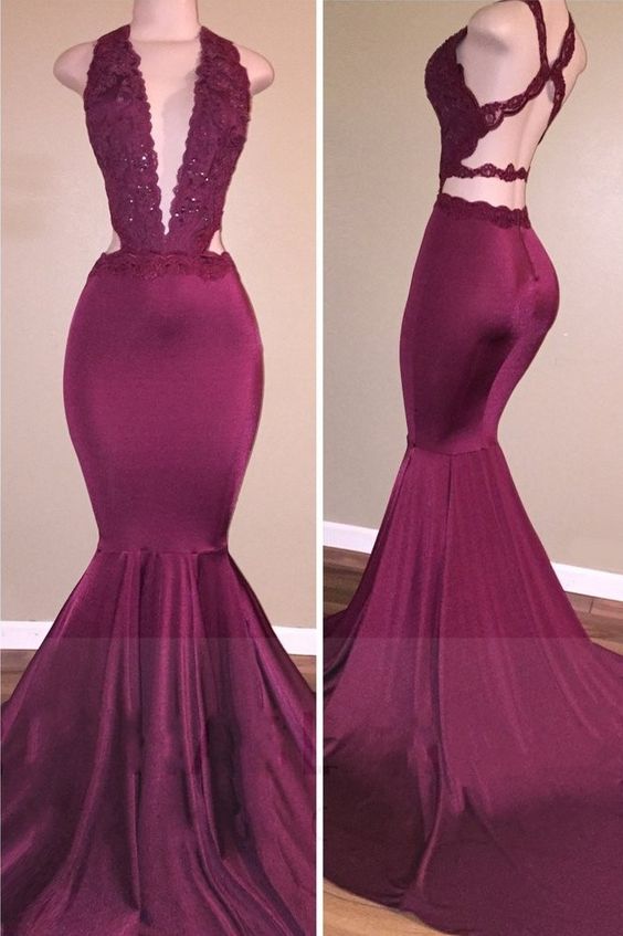 Sexy Mermaid Prom Dresses Deep V Neck Lace Beading Crisscross Back