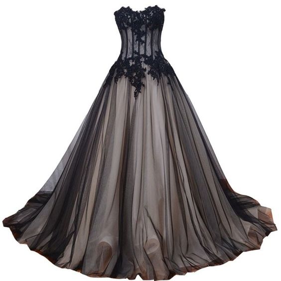 Kivary Long Black And Champagne Lace Gothic Prom Wedding Dresses M0272 ...