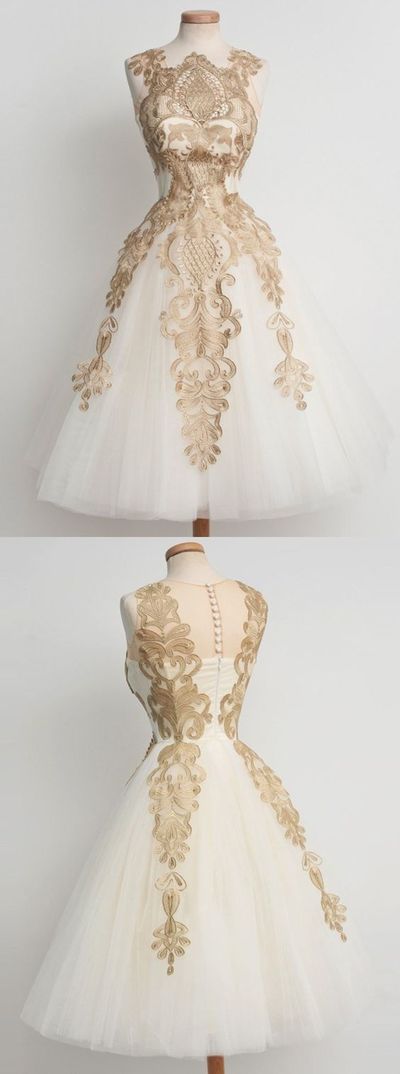 A-Line Jewel Tea-Length Sleeveless Ivory Tulle Homecoming Dress With ...