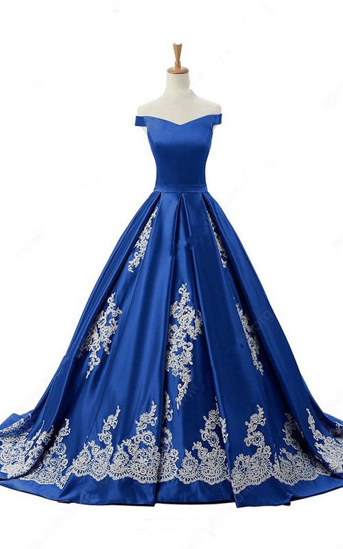 Off The Shoulder Satin Sweep Train Appliques Lace Princess Royal Blue