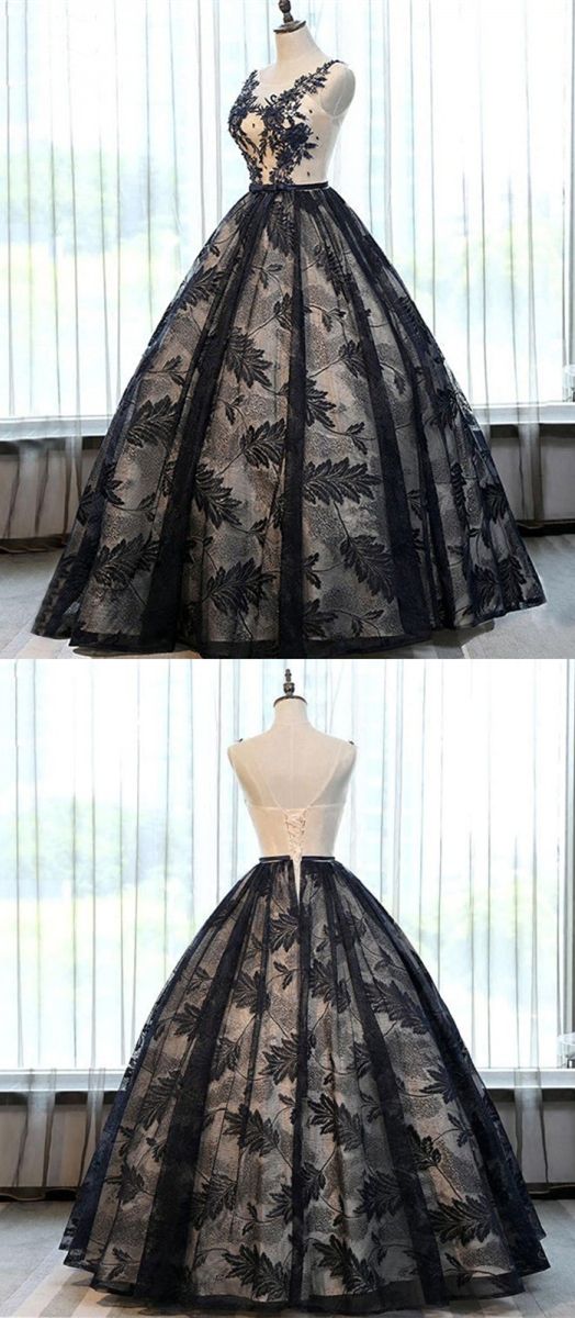 Black Ball Gown Scoop Neck Organza Sleeveless Beading Long Prom Dress S7467 main image 0