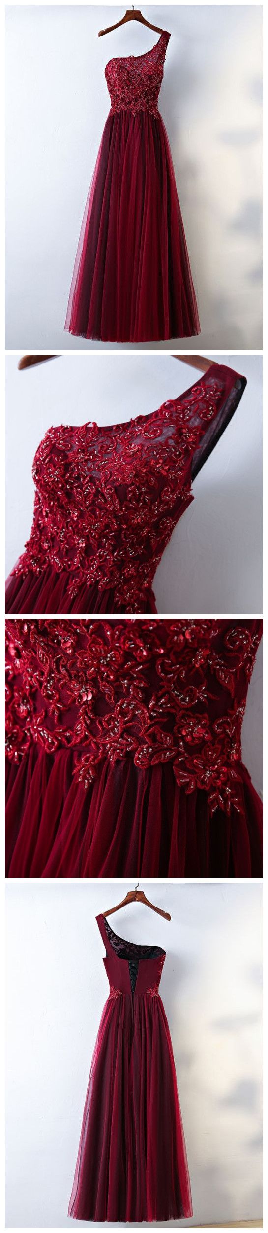Burgundy tulle prom dress one shoulder evening dress,DS4408 main image 0
