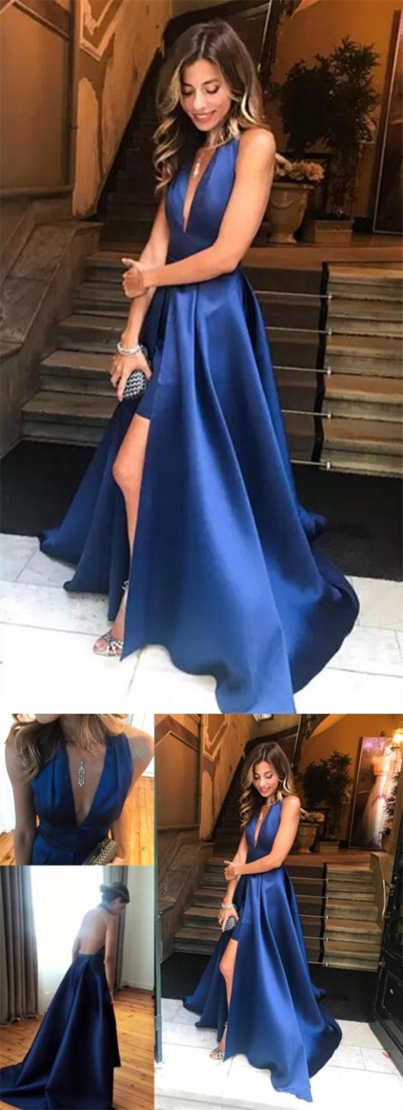 Elegant Royal Blue Satin Prom Dress With Split, Fashion V-neck Royal ...