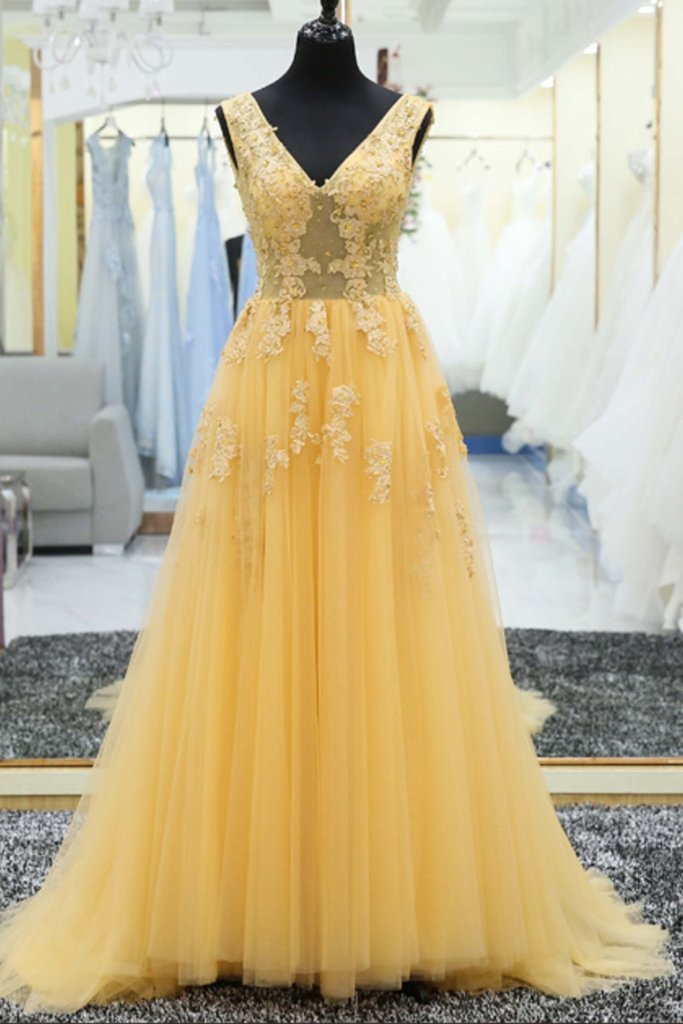 Yellow Tulle Tulle Lace Applique Vneck Long Prom Dress, Evening