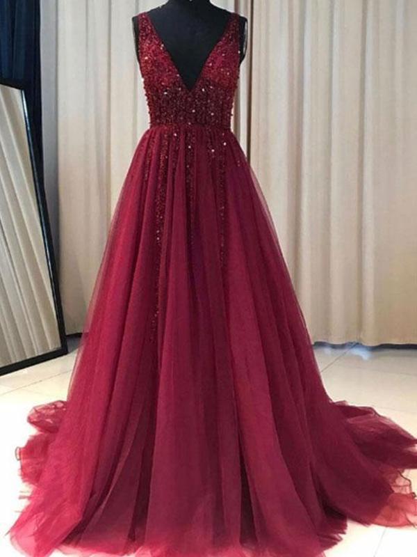 Burgundy Prom Dress A Line Simple Modest Vneck Long Prom Dress M1361