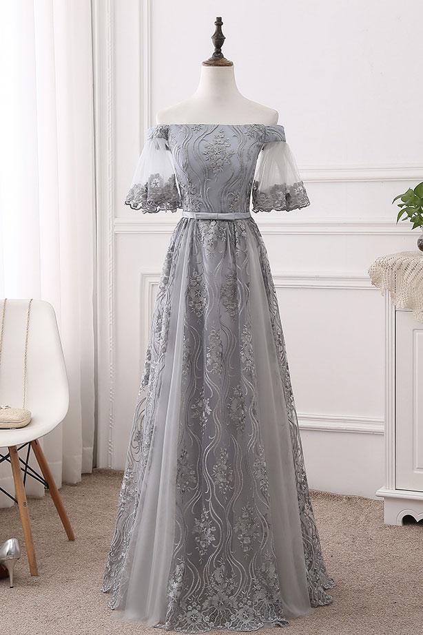 Grey Lace Long Dress Sweetheart Neck Silver Gray Long Beaded Prom Dresses, Silver  Gray Long Formal