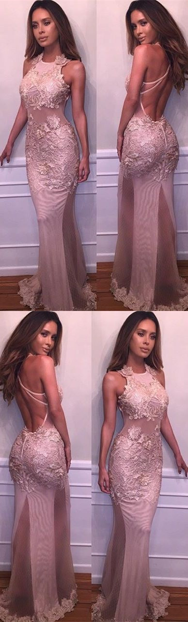 Mermaid Prom Dresses Lace Appliques Backless Sexy Evening Gowns M1511